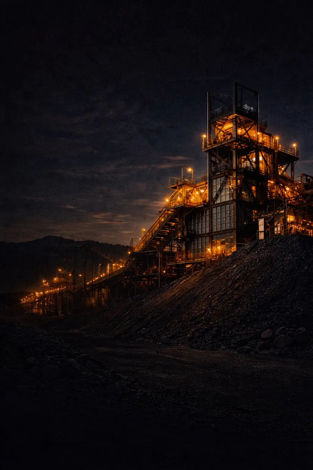 Coal processing plant lit at night in the Hunter Valley, New South Wales